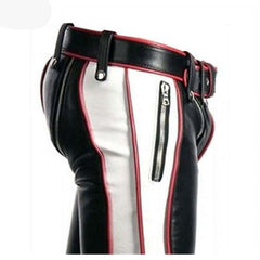 Mens Black Real Cowhide Leather Bondage Jeans Red and White Contrast BLUF Breeches