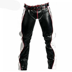 Mens Black Real Cowhide Leather Bondage Jeans Red and White Contrast BLUF Breeches