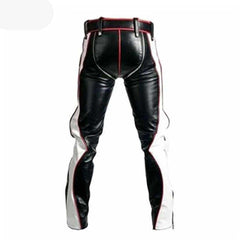 Mens Black Real Cowhide Leather Bondage Jeans Red and White Contrast BLUF Breeches