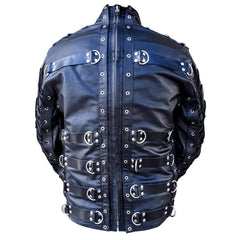 Black leather bondage jacket with silver buckles on a white background