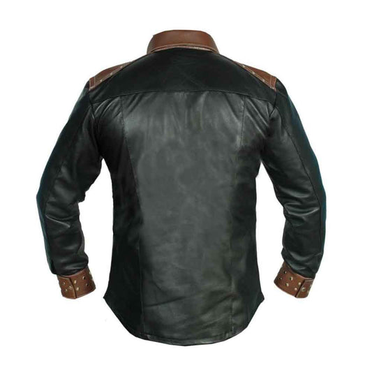REAL LEATHER Mens Long Sleeve Black Cowboy Western Style Shirt BLUF