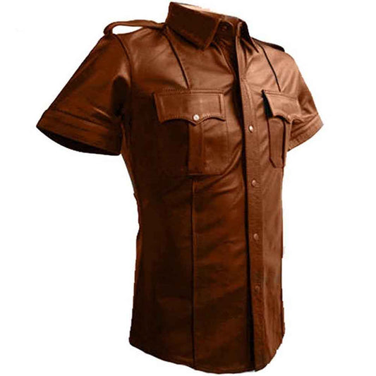 Men's Real Lambskin Leather Brown Police Military Style Shirt