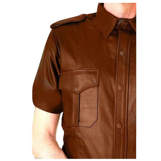Men's Real Lambskin Leather Brown Police Military Style Shirt
