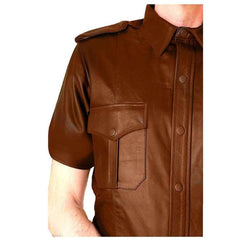 Men's Real Lambskin Leather Brown Police Military Style Shirt