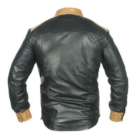 Real Leather Mens Long Sleeve Black and Tan Cowboy Police Western Style Shirt