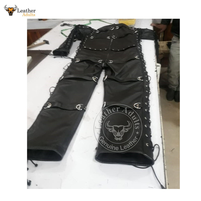 Mens Bondage jump suit cell suit Black Cow Leather Heavy Duty Restriction Catsuit BDSM
