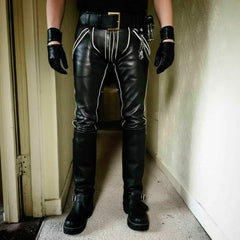 Men's Real Cowhide Leather Double Zip GAY Pants Trousers Bikers Jeans