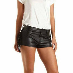 Ladies Black Genuine Soft Lambskin Leather High Rise Shorts