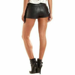 Ladies Black Genuine Soft Lambskin Leather High Rise Shorts