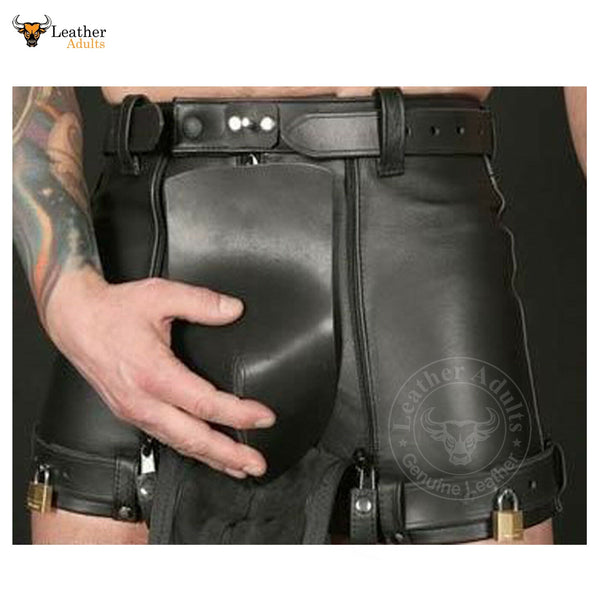 Mens Real Cowhide Leather Chastity Shorts Black Double Zips Shorts