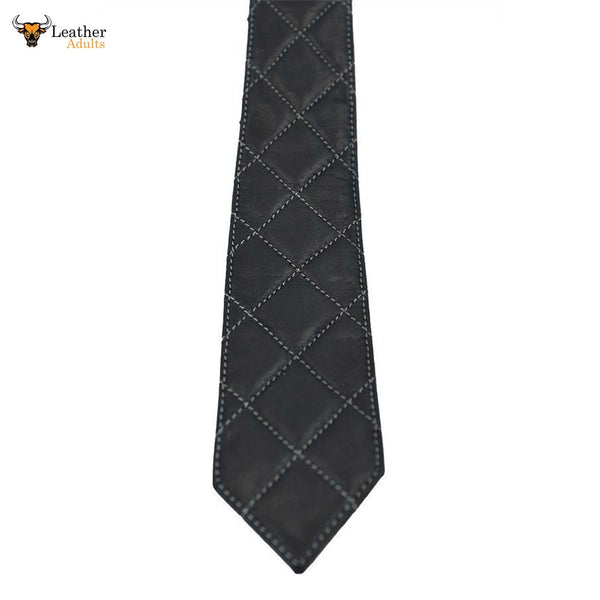 New Men's Genuine 100% Sheep Leather Quilted Tie with White contrast