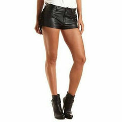 Ladies Black Genuine Soft Lambskin Leather High Rise Shorts