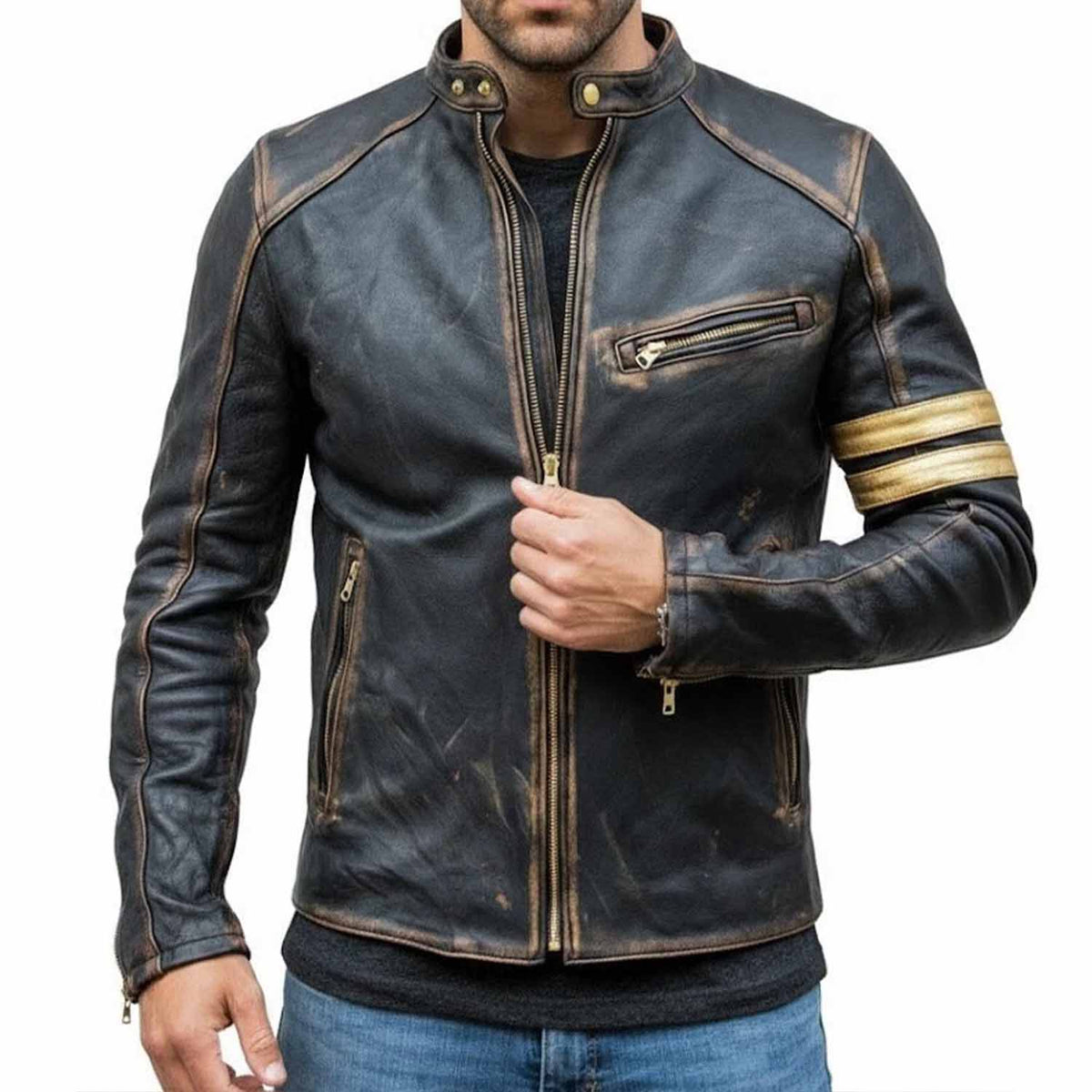 Mens Real Leather Biker Cafe Racer Vintage Motorcycle Distressed Black Jacket