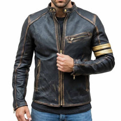 Mens Real Leather Biker Cafe Racer Vintage Motorcycle Distressed Black Jacket