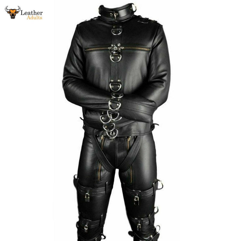 Mens Real Leather Straitjacket and Trousers with Leather Lining Heavy Duty BDSM
