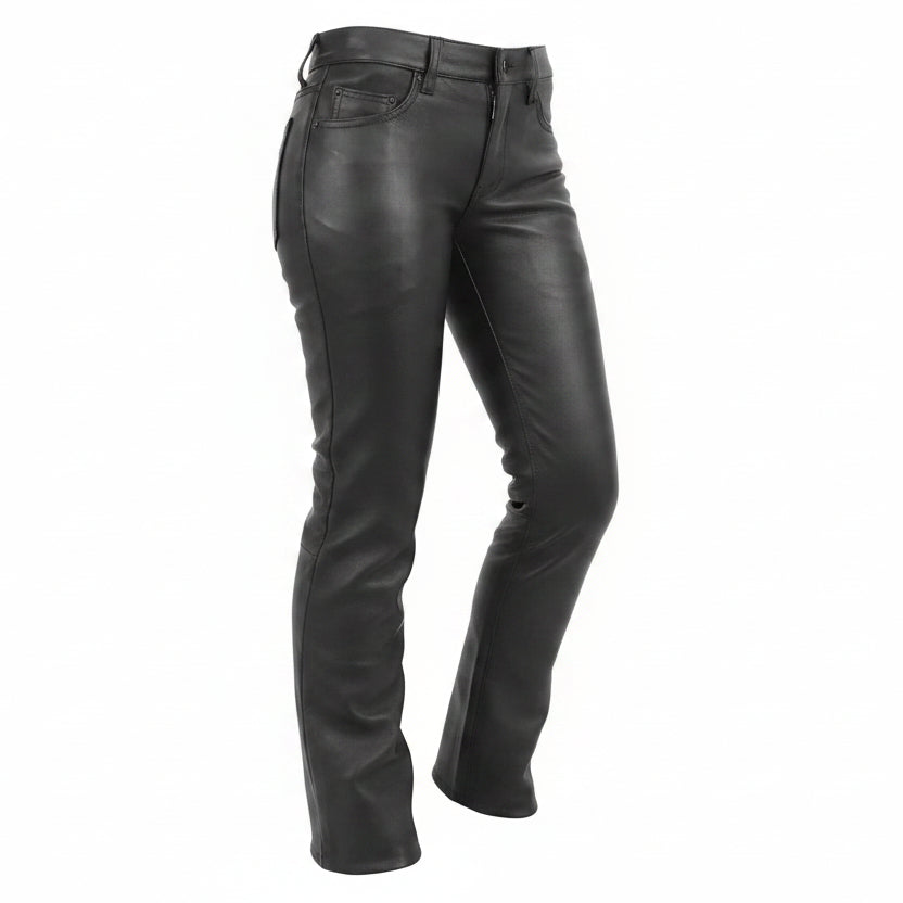 Womens Black Genuine Cowhide Leather Five Pockets Bikers Trousers Breeches Pants
