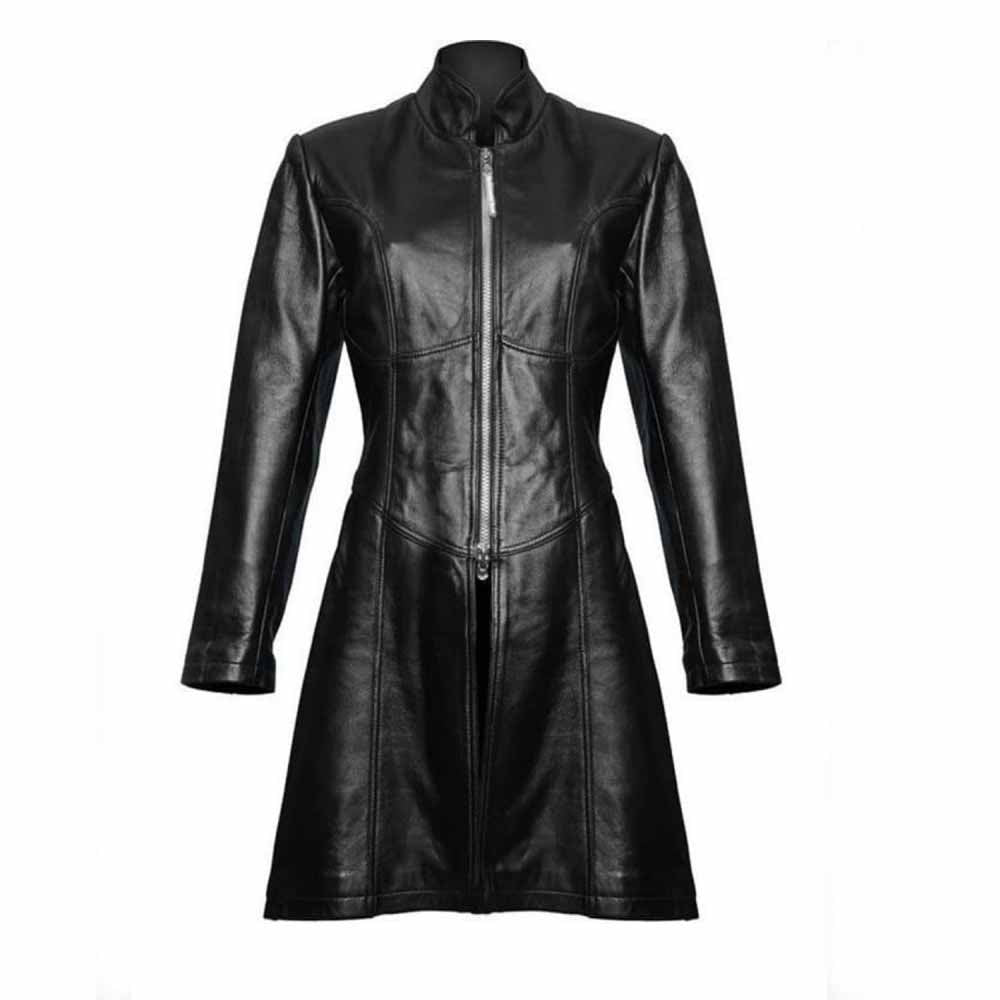 Front view of a ladies black real sheepskin Nappa leather Steampunk Gothic trench coat featuring a full front zipper and mandarin collar.