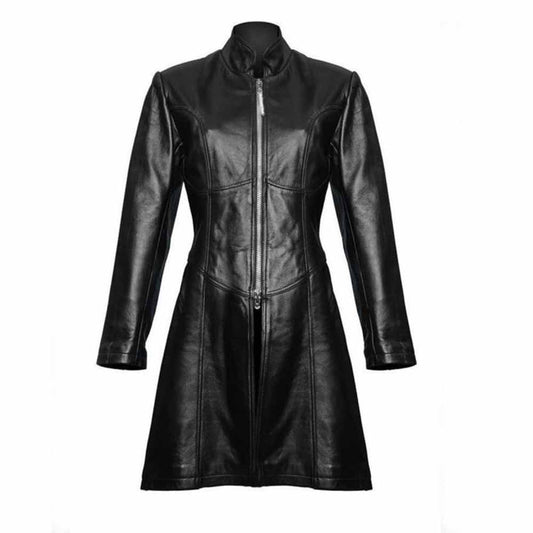 Front view of a ladies black real sheepskin Nappa leather Steampunk Gothic trench coat featuring a full front zipper and mandarin collar.
