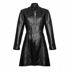 Front view of a ladies black real sheepskin Nappa leather Steampunk Gothic trench coat featuring a full front zipper and mandarin collar.