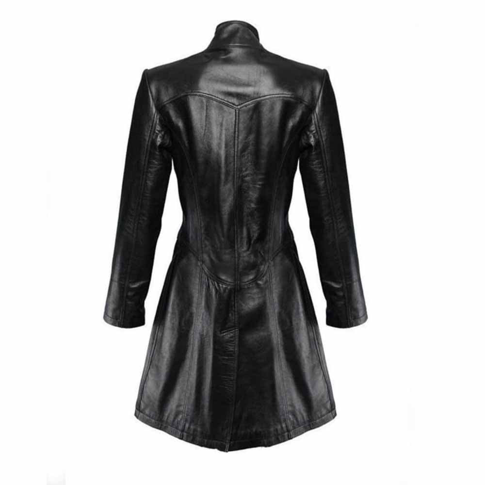 Back profile of a women's black lambskin leather coat displaying tailored panel seams, a cinched waist structure, and a rear bottom vent.