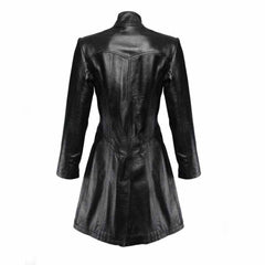 Back profile of a women's black lambskin leather coat displaying tailored panel seams, a cinched waist structure, and a rear bottom vent.