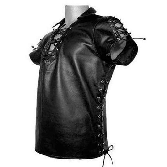 Men's Black Pure Leather Side-Laced Short Sleeve Shirt