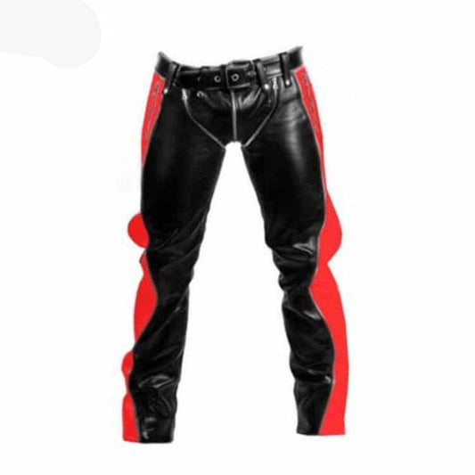 Schwarze Herren-Bondage-Jeans aus Rindsleder mit roten kontrastierenden BLUF-Reithosen 