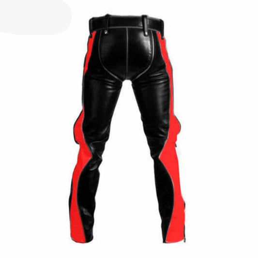 Schwarze Herren-Bondage-Jeans aus Rindsleder mit roten kontrastierenden BLUF-Reithosen 