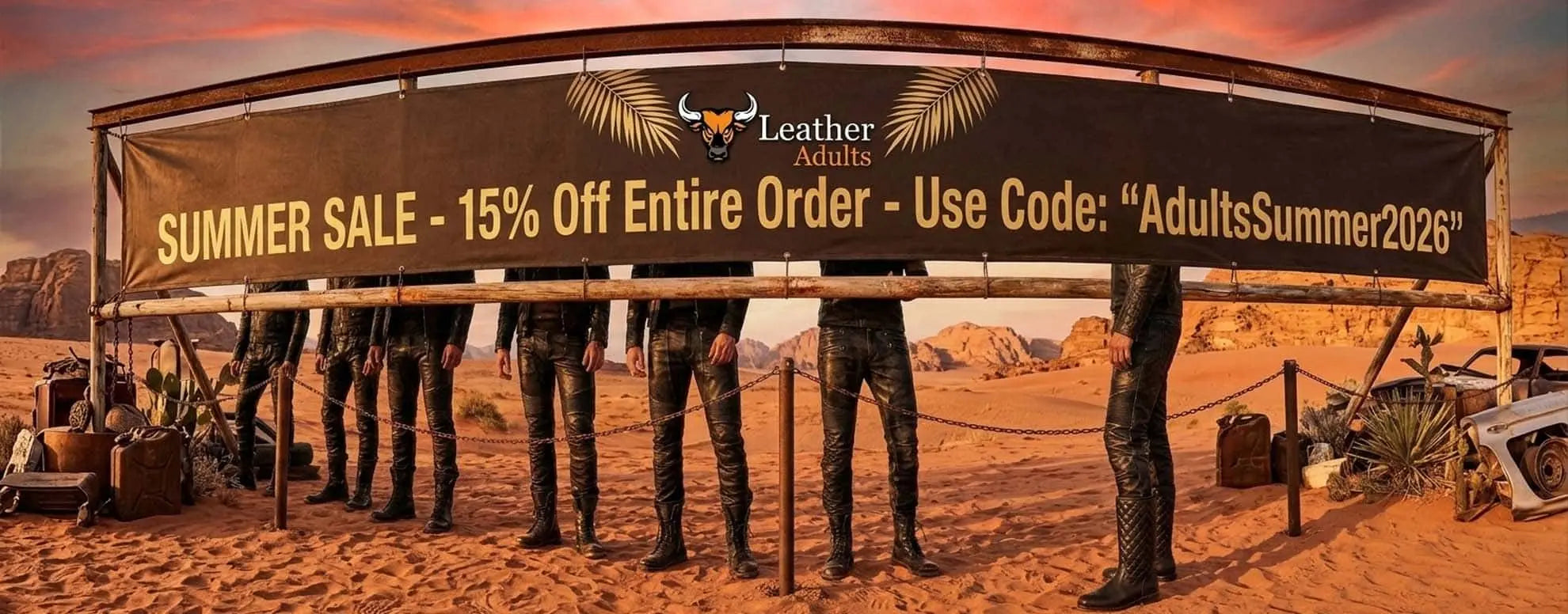 LeatherAdults.com Promotional banner for a leather sale in a desert setting with statues.