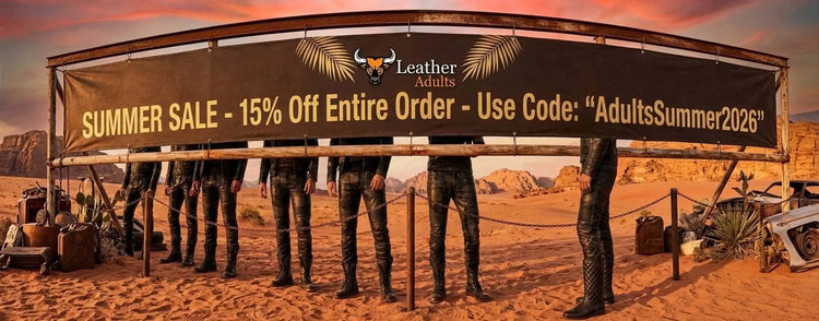 LeatherAdults.com Promotional banner for a leather sale in a desert setting with statues.