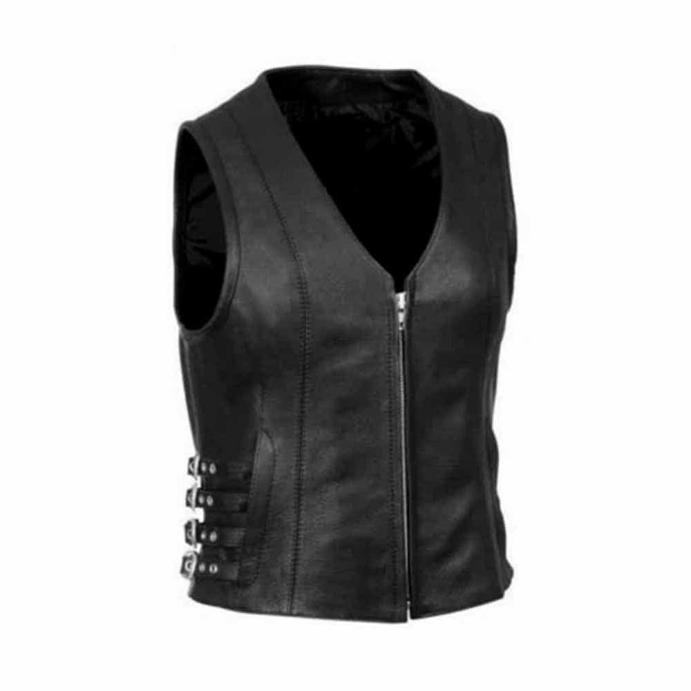 Ladies Soft Black Lambskin Leather Bikers 4 Side waist buckles Waistcoat Vest W7