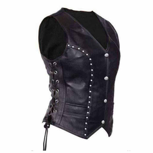 Womens Soft Leather Waistcoat Vest With Detailed Side Lacing Biker Style Vest