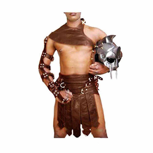 Mens Brown Leather Roman Gladiator Kilt Set - K3