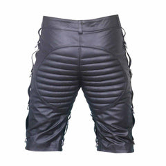 Back view of men's contrast leather clubwear shorts showing padded seat panel, belt loops, and side steel D-ring leg attachments.