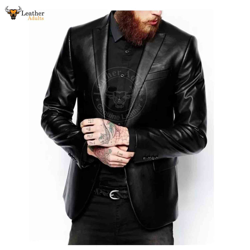 Mens Black Two Button Pure Lambskin Leather Blazer Slim Fit Coat All Sizes Available
