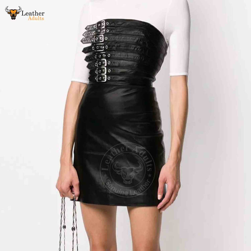 Womens Real Black Leather Hot Party Dress Casual Wear Buckle Dress Frock Skirts
