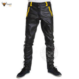 Mens Cowhide Leather Pants Cropped Biker Pants Yellow Stripe Leather Pants Clubwear Chino Trousers