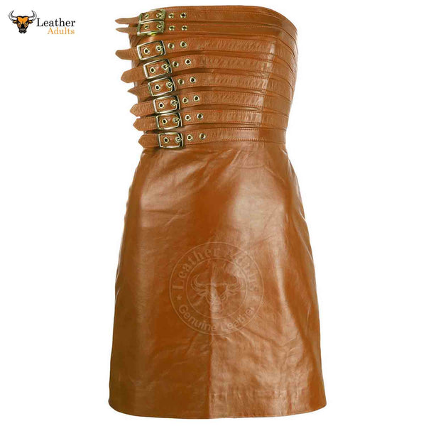 Womens Real Brown Leather Hot Party Dress Casual Wear Buckle Dress Frock Skirts