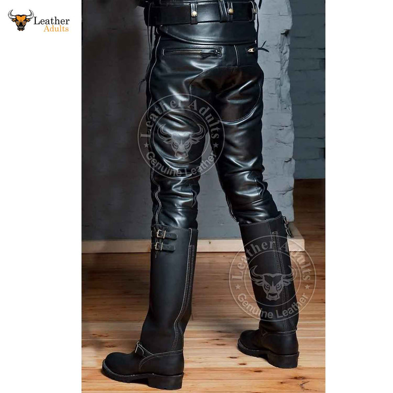 Men's Black Real Cowhide Leather Quilted Panels Breeches Trousers Pants Bikers Jeans Leder Breeches