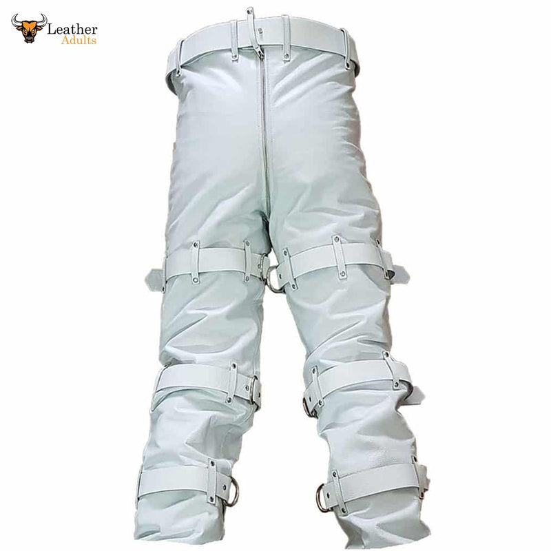Men Real White Leather Locking Bondage Jeans with Rear Zip
