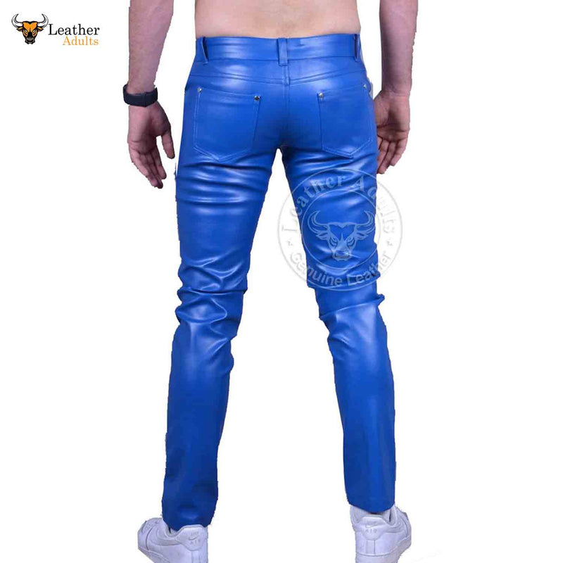Mens Blue Cow Leather Sleek and Sexy 501 Style Jeans BLUF Pants Bikers Trousers
