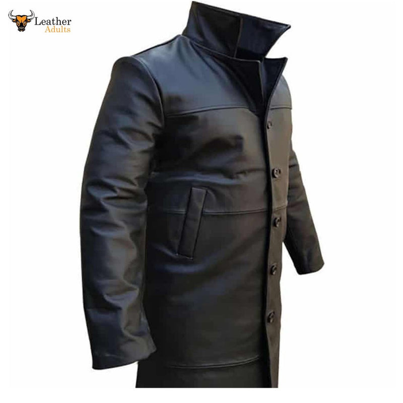 Mens Pure Cowhide Leather Full Length Matrix Goth Trench Coat T1