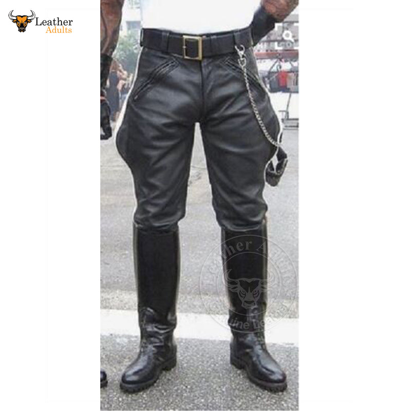 Mens Black Real Cowhide Leather Pants Trousers BLUF Pants Lederjeans Breeches