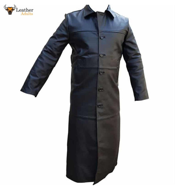 Mens Pure Cowhide Leather Full Length Matrix Goth Trench Coat T1