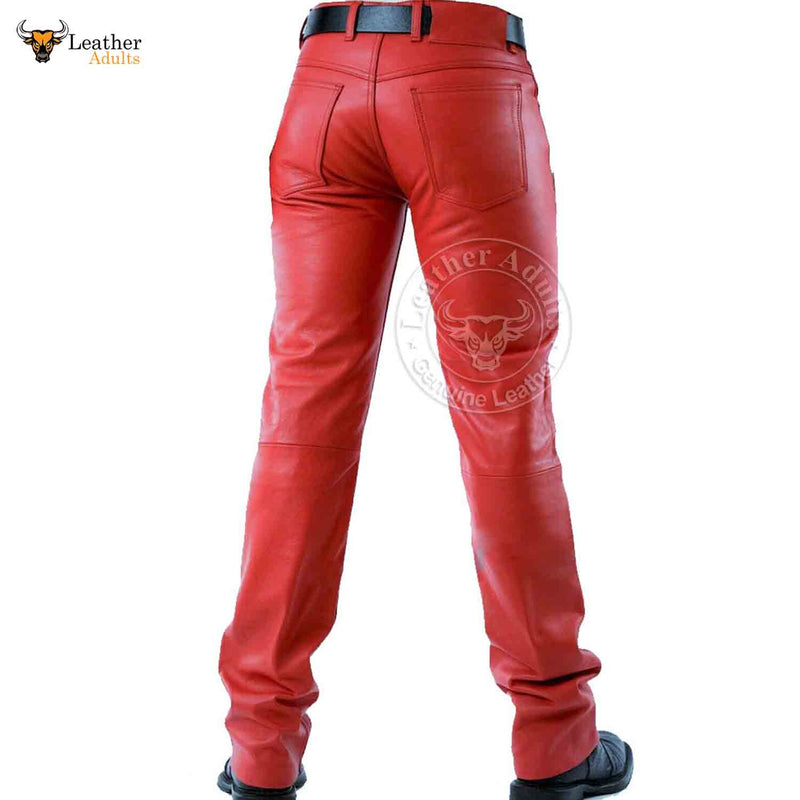 Mens Red Cowhide Leather Sleek and Sexy 501 Style Jeans BLUF Pants Bikers Trousers