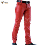 Mens Red Cowhide Leather Sleek and Sexy 501 Style Jeans BLUF Pants Bikers Trousers