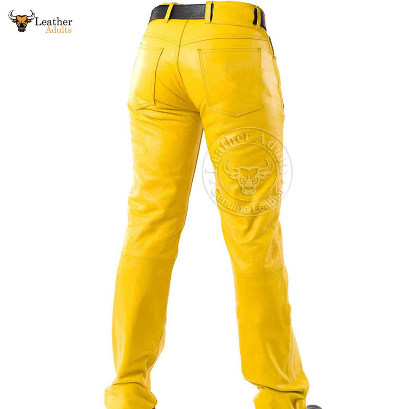 Mens Yellow Cowhide Leather Sleek and Sexy 501 Style Jeans BLUF Pants Bikers Trousers
