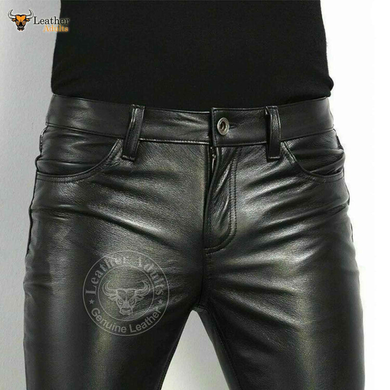 Mens Black Real Leather Famous Levi 501 Style Pant Trousers Hot Jeans Most Sizes