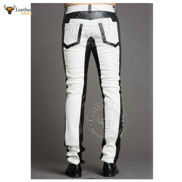 Mens Handmade White and Black Sheep NAPPA Leather Motorcycle Pants Trousers Jeans