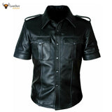 Mens Hot Real Sheep Leather Police Uniform BLUFF Gay Shirt Half Sleeves